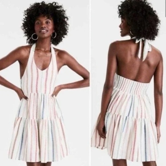 American Eagle Outfitters Dresses & Skirts - American Eagle Striped Linen Halter Dress with Smocked Back